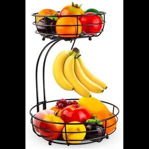 2-Tier Countertop Fruit Vegetables Basket Bowl Storage With Banana Hanger, Black